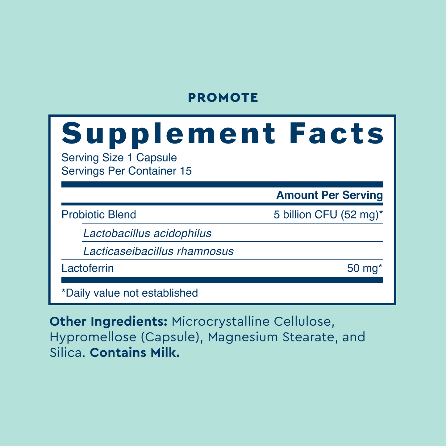 Supplement facts label for Promote on a light green background