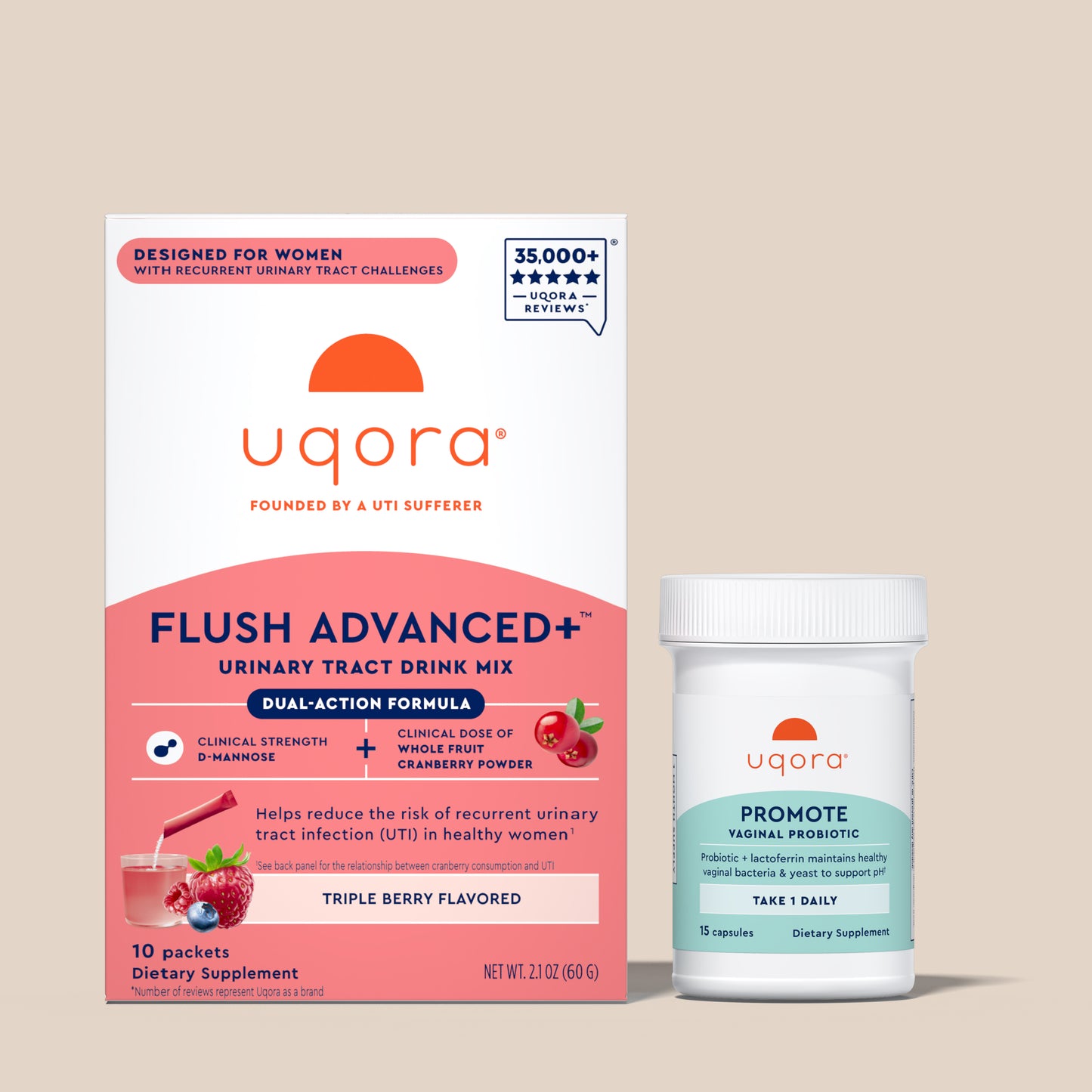 Uqora Flush Advanced+ drink mix and Promote vaginal probiotic