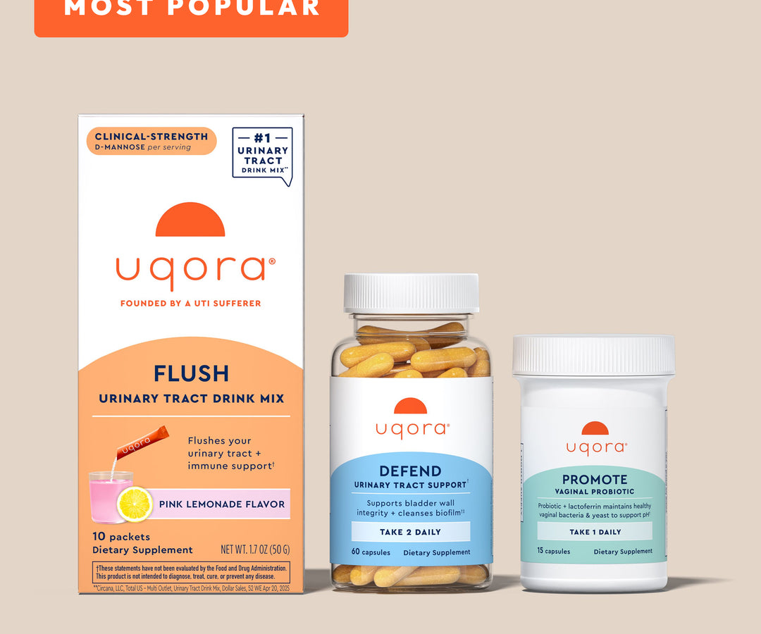 Uqora supplement products including a Pink Lemonade flush box, defend & promote bottles on a beige background P