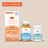 Uqora supplement products including a Pink Lemonade flush box, defend & promote bottles on a beige background P