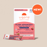 Uqora Flush Advanced+ Urinary Tract Drink Mix packaging on a beige background