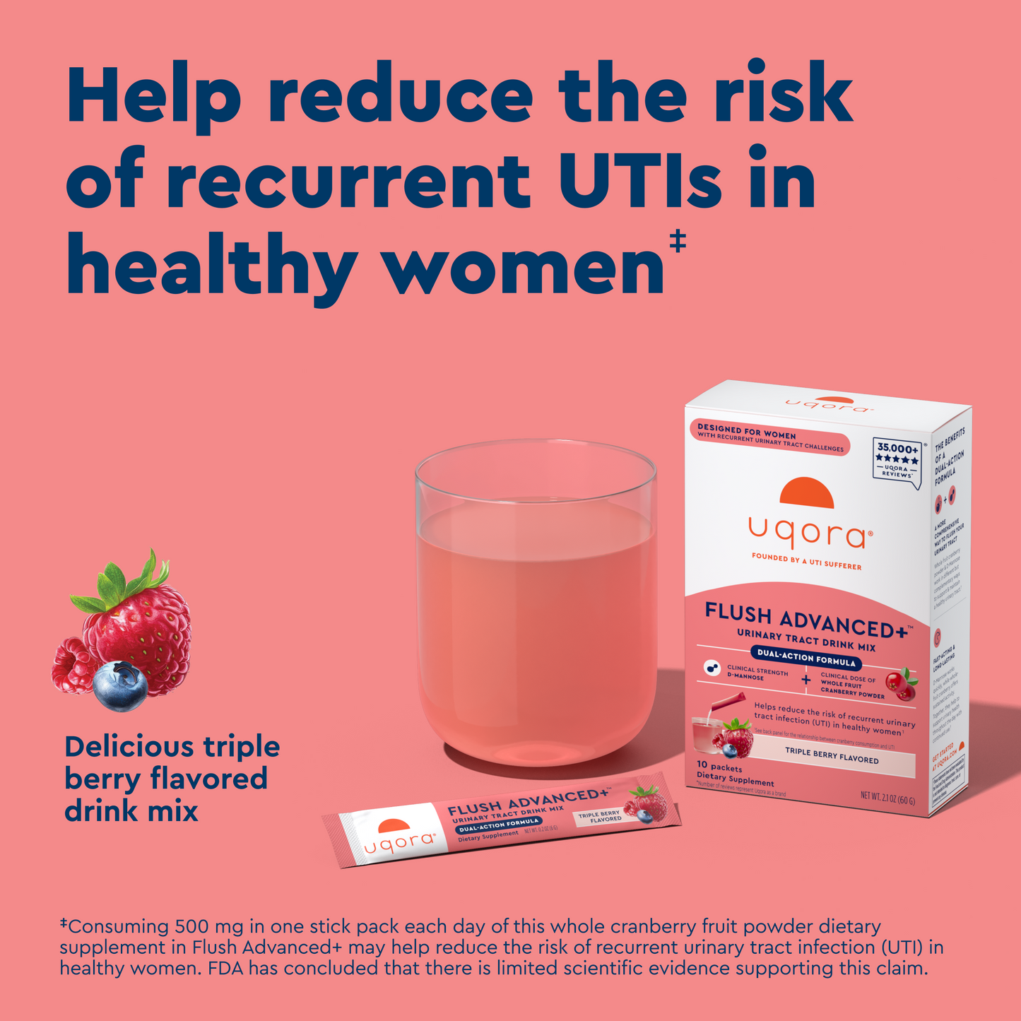Uqora Flush Advanced drink mix packaging with a glass of pink drink on a pink background