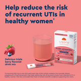 Uqora Flush Advanced drink mix packaging with a glass of pink drink on a pink background