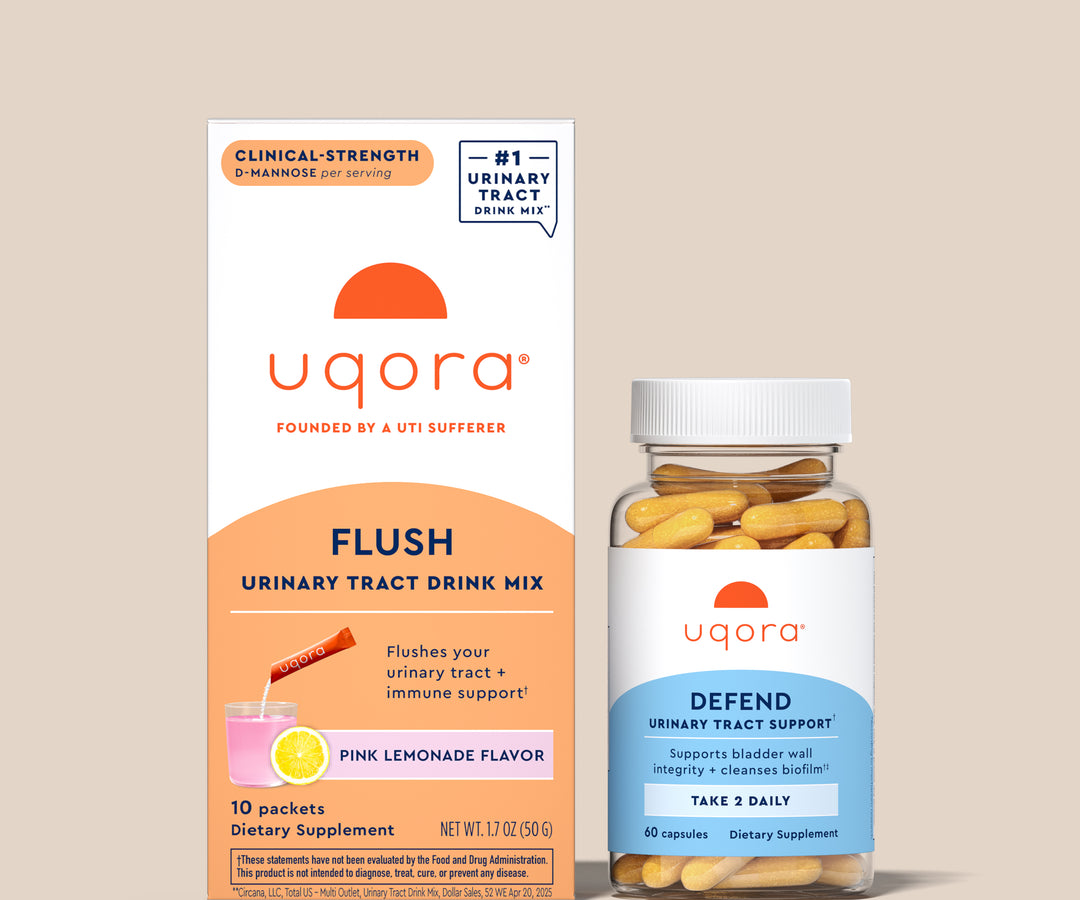 Uqora Pink Lemonade Flush box and Defend bottle on tan background