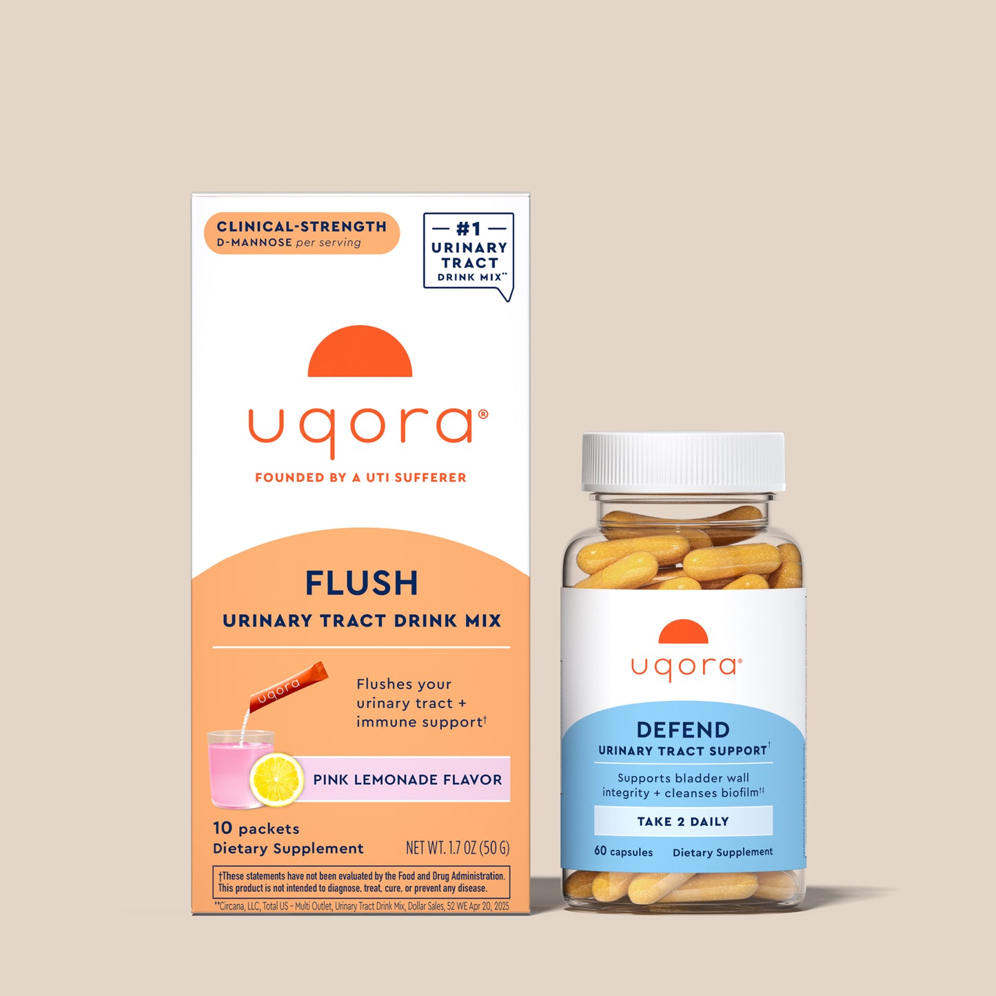 Uqora Pink Lemonade Flush box and Defend bottle on tan background
