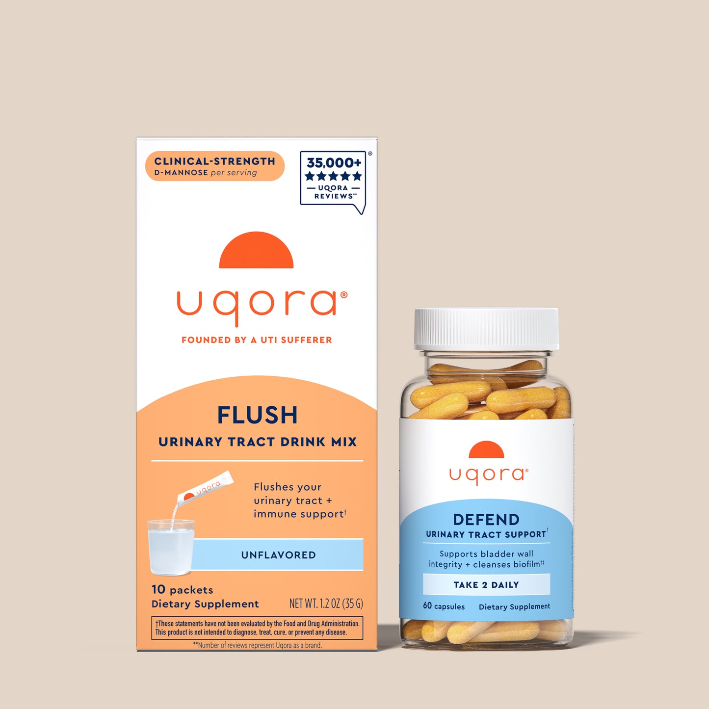 Uqora Unflavored Flush box and Defend bottle on tan background