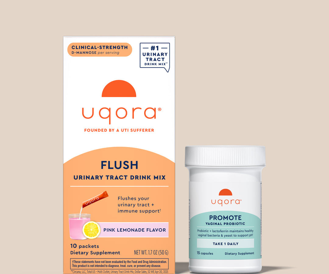 uqora Pink Lemonade urinary tract drink mix packaging and bottle on a beige background