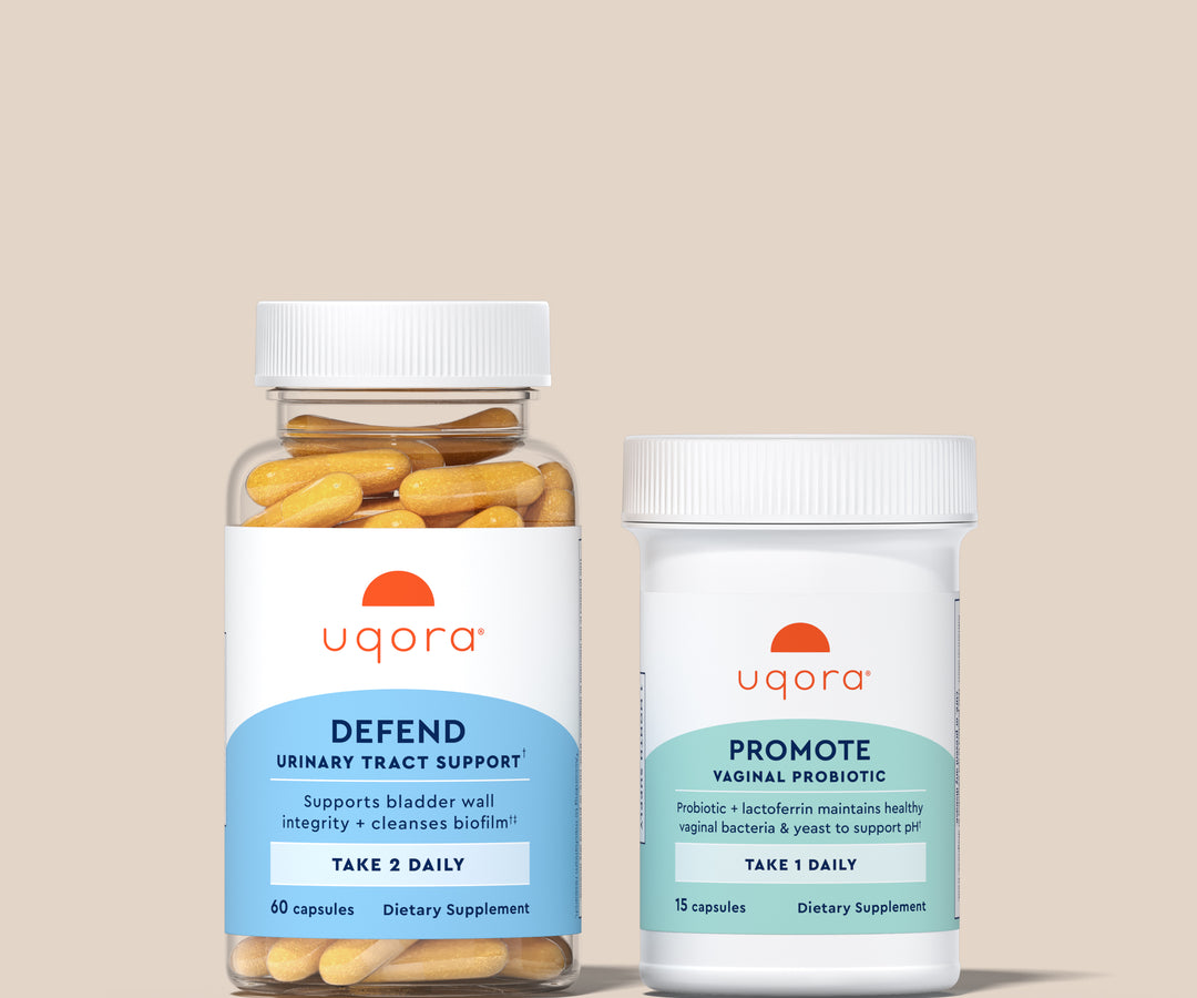 Two Uqora supplement bottles on a beige background - Defend & Promote