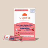 uqora Flush Advanced+ Urinary Tract Drink Mix packaging on a beige background
