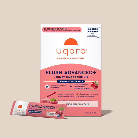 uqora Flush Advanced+ Urinary Tract Drink Mix packaging on a beige background