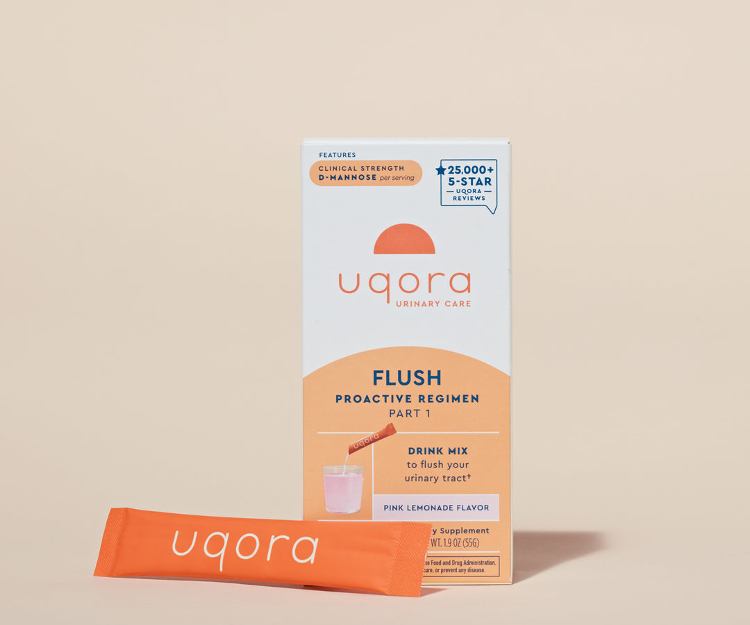 Uqora Pink Lemonade Flush drink mix  product image, box and sachet