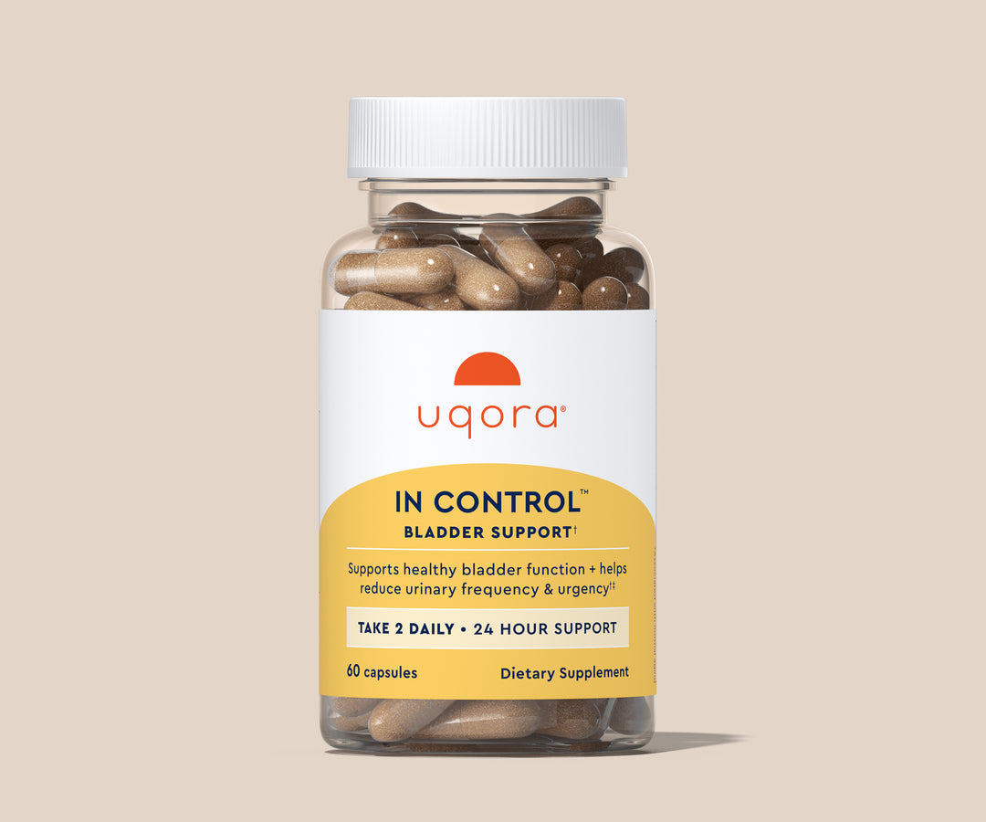Supplement bottle labeled 'In Control Bladder Support' by uqora on a beige background