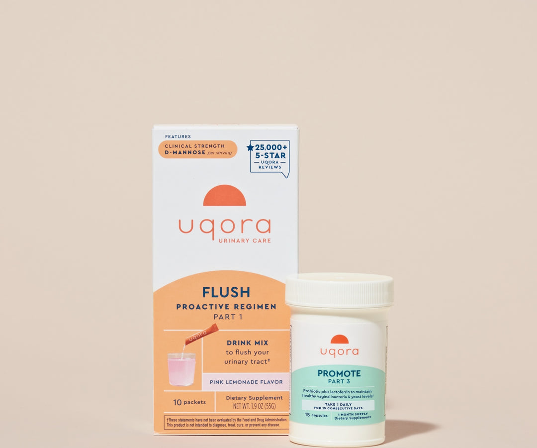 Box of packets that reads 'Uqora Pink Lemonade Flush' and a bottle of pills that reads 'Promote Vaginal Probiotic'