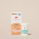 Box of packets that reads 'Uqora Pink Lemonade Flush' and a bottle of pills that reads 'Promote Vaginal Probiotic'