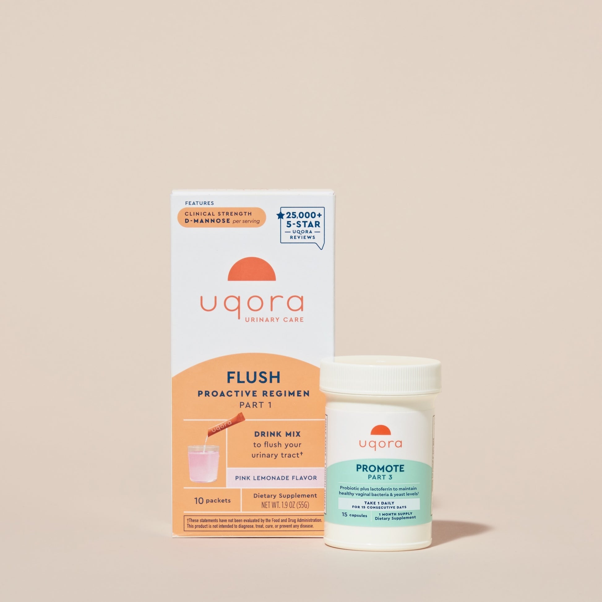 Box of packets that reads 'Uqora Pink Lemonade Flush' and a bottle of pills that reads 'Promote Vaginal Probiotic'