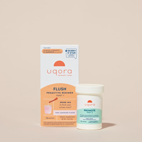 Box of packets that reads 'Uqora Pink Lemonade Flush' and a bottle of pills that reads 'Promote Vaginal Probiotic'