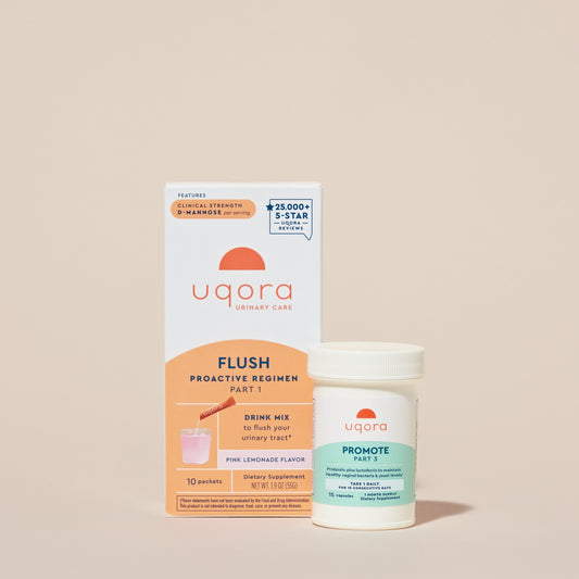Box of packets that reads 'Uqora Pink Lemonade Flush' and a bottle of pills that reads 'Promote Vaginal Probiotic'