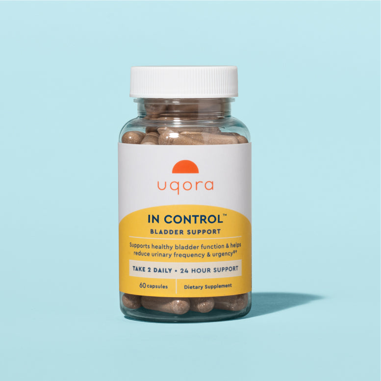 Bottle with pills and label that says "In Control Bladder Support"