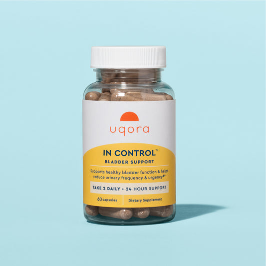 Bottle with pills and label that says "In Control Bladder Support"
