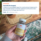 Hand holding a bottle of 'In Control Bladder Support' with a five-star review above it.