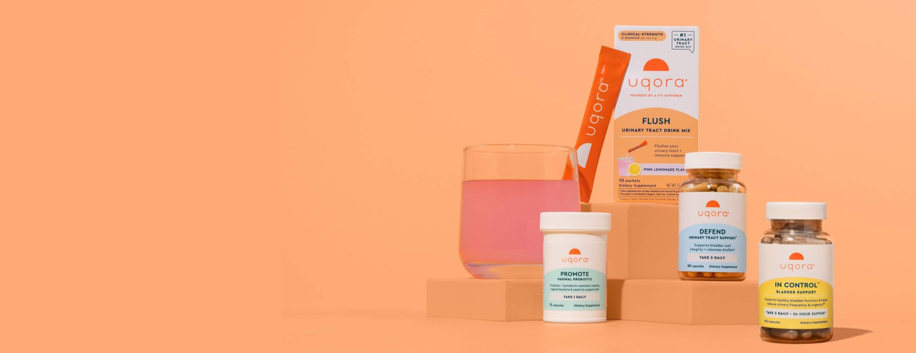 Collection of health and wellness products on a peach background